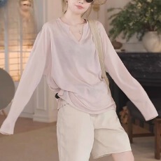 批发慵懒风V领薄款防晒罩衫女2025夏季新款宽松百搭显瘦纯色长袖T恤女