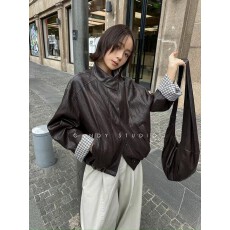 批发带包包糖果2025新款皮衣外套女短款小个子机车服夹克上衣格子袖口