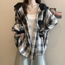 批发官图原布格子后包领抖音质量连帽薄款秋季拼接复古衬衫<b class='q'>中长款</b>外套