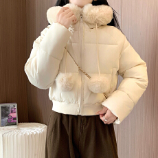 批发美式复古毛边拼接连帽短外套女毛球装饰保暖棉服短款小个子加厚