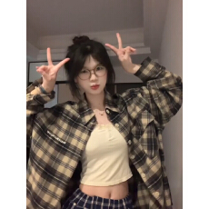 批发国潮美式复古格纹衬衫<b class='q'>女</b>秋季2025新款口袋设计感宽松慵懒情侣外套