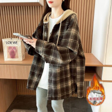 批发实拍 原布格子-后包领复真超加绒抖音质量连帽格子衬衫<b class='q'>中长款</b>外套