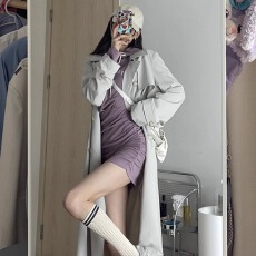 批发法式修身长袖连衣裙女秋冬辣妹紫色连帽卫衣裙收腰显瘦包臀短裙子