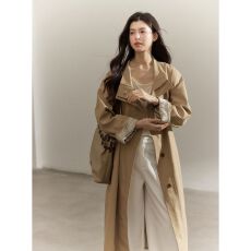 批发2025春秋季新款复古气质立领风衣女条纹袖宽松显瘦高级感长外套女