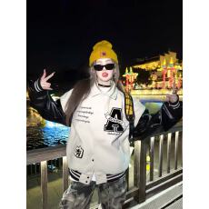 批发原版毛巾绣毛呢拼皮 美式拼接字母刺绣<b class='q'>棒球</b>服男女小众情侣<b class='q'>外套</b>潮