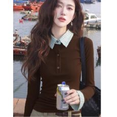 批发<b class='q'>莫代尔</b>人棉格纹拼接假两件打底衫女内搭设计感修身polo领上衣