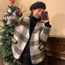 批发小香风夹棉加厚毛呢外套女冬季大码胖妹妹气质显瘦千鸟格呢子大衣