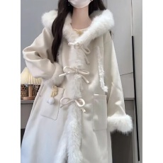 批发甜美小个子毛毛拼接毛呢外套女冬季2025新款宽松长款连帽呢子大衣