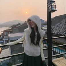 批发仿羔羊毛连帽马甲背心2025春<b class='q'>秋</b>新款小众设计感短款休闲叠穿外套女