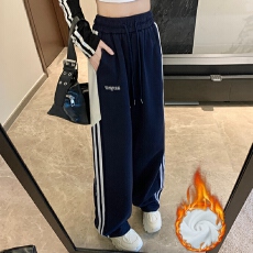 批发实拍 常规/加绒 美式休闲裤女秋季侧边三条杠条纹阔腿长裤