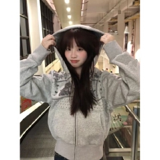 批发原版做工+后包美式复古街头连帽卫衣女春秋开衫外套chic慵懒