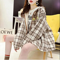 批发2025春季新款正反两面穿复古格子连帽外套女宽松百搭上衣