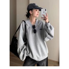 批发纯棉华棉复<b class='q'>贝贝</b>绒原版做工美式复古V领简约字母刺绣长袖卫衣女秋