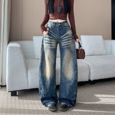 批发实拍新款~美式高街复古做旧弯刀牛仔裤女秋季新款宽松休闲阔腿裤