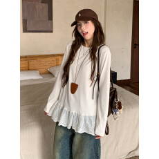 批发官图实价德绒260克韩系蕾丝拼接长袖<b class='q'>t</b>恤新款宽松显瘦打底衫内搭