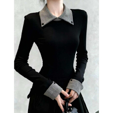 批发官图<b class='q'>特价</b>260克螺纹磨毛长袖t恤打底衫春秋薄女纯色假两件翻领上衣