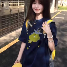 批发藏青色纯棉短袖t恤女大童夏装2026初中高中学生体恤<b class='q'>宽松</b>半袖上衣