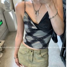批发美式复古格子拼接v领吊带背心女夏季辣妹性感显瘦短款<b class='q'>上衣</b>