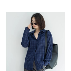 批发图# 复古藏蓝色格子衬衫女宽松慵懒风超好看长袖衬衣上衣<b class='q'>防晒</b>