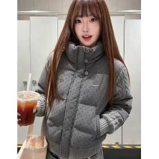 批发韩系甜美波点针织拼接长袖棉服外套<b class='q'>女</b>冬季宽松加厚短款保暖面包服