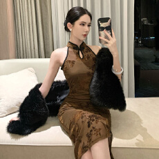 批发实拍 高级感新中式改良旗袍开叉气质裙子植绒网纱连衣裙