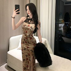 批发实拍 新中式国风少女改良旗袍蕾丝拼接丝绒印花无袖连衣裙