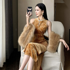 批发新中式国风复古优雅收腰显瘦无袖中长印花丝绒连衣裙旗袍