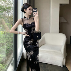 批发实拍 新中式国风网纱拼接无袖丝绒印花中长旗袍连衣裙