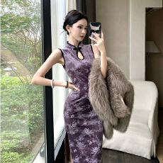 批发 新中式国风紫色改良旗袍性感纯欲开叉镂空无袖丝绒连衣裙