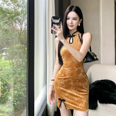 批发日常改良旗袍女小个子新款中式民国年轻款无袖丝绒连衣裙