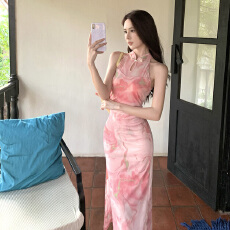 批发新中式温柔气质旗袍国风绝美印花无袖修身显瘦连衣裙