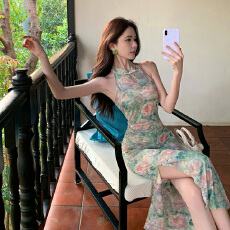 批发实拍 改良旗袍年轻款修身无袖清新油画印花新中式旗袍裙