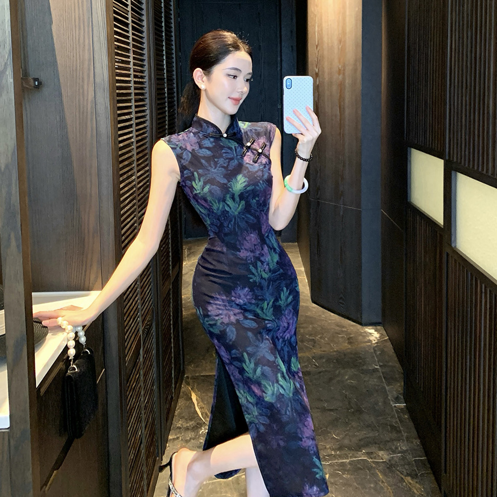 BY26435# 新中式无袖年轻款掐腰日常可穿复古莫奈油画花色旗袍 服裝批發女裝批發服飾貨源