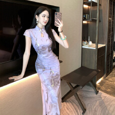 批发 实拍 新中式改良旗袍年轻款紫色掐腰修身包臀连衣裙
