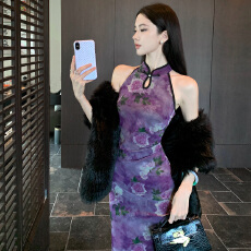 批发实拍 复古风设计感弹力复合网纱印花气质开叉修身显瘦旗袍