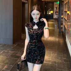 批发实拍 气质少女超修身复古烧花植绒改良旗袍连衣裙