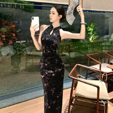 批发实拍 新中式复古收腰显瘦改良旗袍气质丝绒印花长款连衣裙