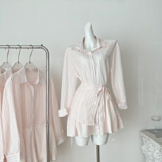 批发CallmeEar//粉色条纹长袖收腰<b class='q'>衬衫</b>连衣裙女早秋裙子