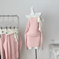 批发绝美一字肩针织<b class='q'>连衣裙</b>女秋冬穿搭<b class='q'>蝴蝶结</b>系带长袖毛衣宽松软糯上衣