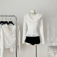 批发设计感毛毛拼接长袖蕾丝衫女冬季2025<b class='q'>新款</b>气质短款修身显瘦上衣潮