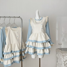 批发sinsingirl 冰星蓝莓 米色撞蓝色长袖打底衫+背心毛呢连衣裙套装