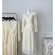 批发白里纯粹线条 设计感<b class='q'>连衣裙</b>收腰长袖<b class='q'>雪纺</b>V领法式复古气质显瘦长裙