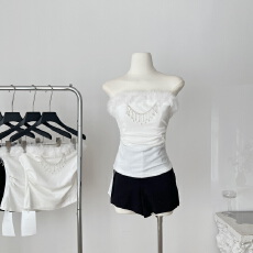 批发纯欲辣妹狐狸毛丝绒钻链收腰抹胸上衣