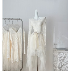 批发白里 生日战裙 新款温柔风蕾丝网纱连衣裙小香风<b class='q'>套装</b>拖尾小礼裙