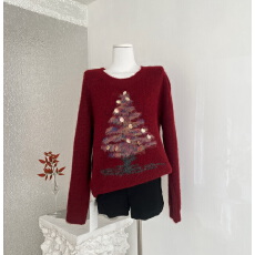 批发INGCON圣诞小马 新年毛衣粗支缎染亮片苏利羊驼毛显瘦针织衫女冬