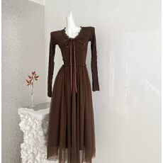 批发从一时刻【木上痕】清冷感假两件连衣裙V领蕾丝拼接<b class='q'>网纱</b>大摆<b class='q'>长裙</b>