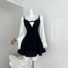 批发【Q女家 新品95折】新贵小赫本/加绒！掐腰绝绝子蕾丝收腰小黑裙