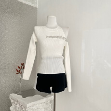 批发kubiliv【高阶美神】不规则交叉钻链拼接<b class='q'>镂空</b>露肩长袖针织<b class='q'>衫</b>上衣