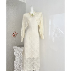 批发大Eees 东方之美 立领翻领两穿蕾丝旗袍加绒连衣裙+<b class='q'>镂空</b>蕾丝开<b class='q'>衫</b>