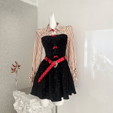 批发MinieMia【墨尔本邂逅】秋冬纯欲辣妹氛围<b class='q'>波点</b><b class='q'>衬衫</b>拼接绒感连衣裙